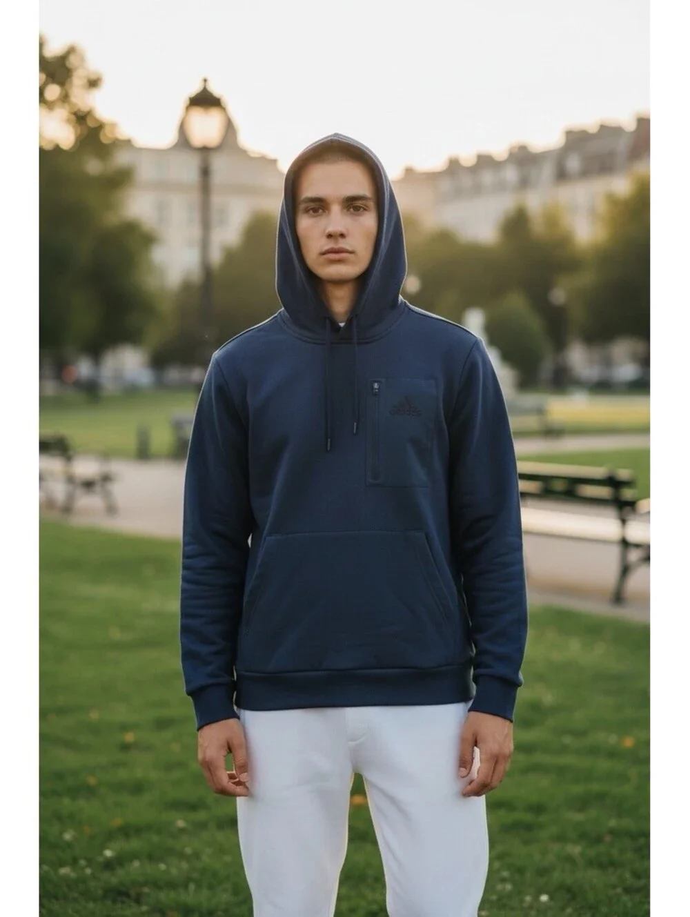 Adidas Navy Blue Tech Fleece Hoodie - Men’s Small - Zip Chest Pocket